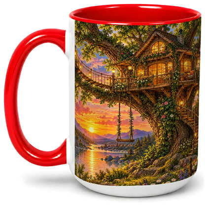 #pl[15oz|Red] Treehouse Sunset Ceramic Mug for Nature Lovers