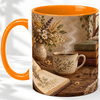#pl[11oz|Orange] Cozy Reading Floral Ceramic Mug for Book Lovers