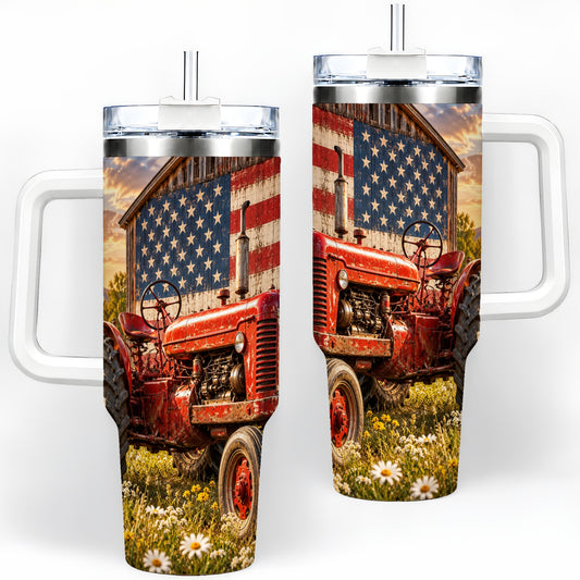 Vintage Tractor Tumbler, 40oz Stainless Steel Tumbler with Flag Barn Art