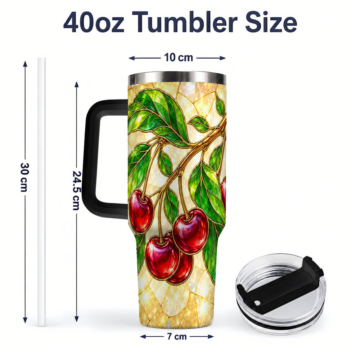 #pl[40oz|Black] Stained Glass Style Cherry Tumbler, 40oz Tumbler with Leaf Artwork