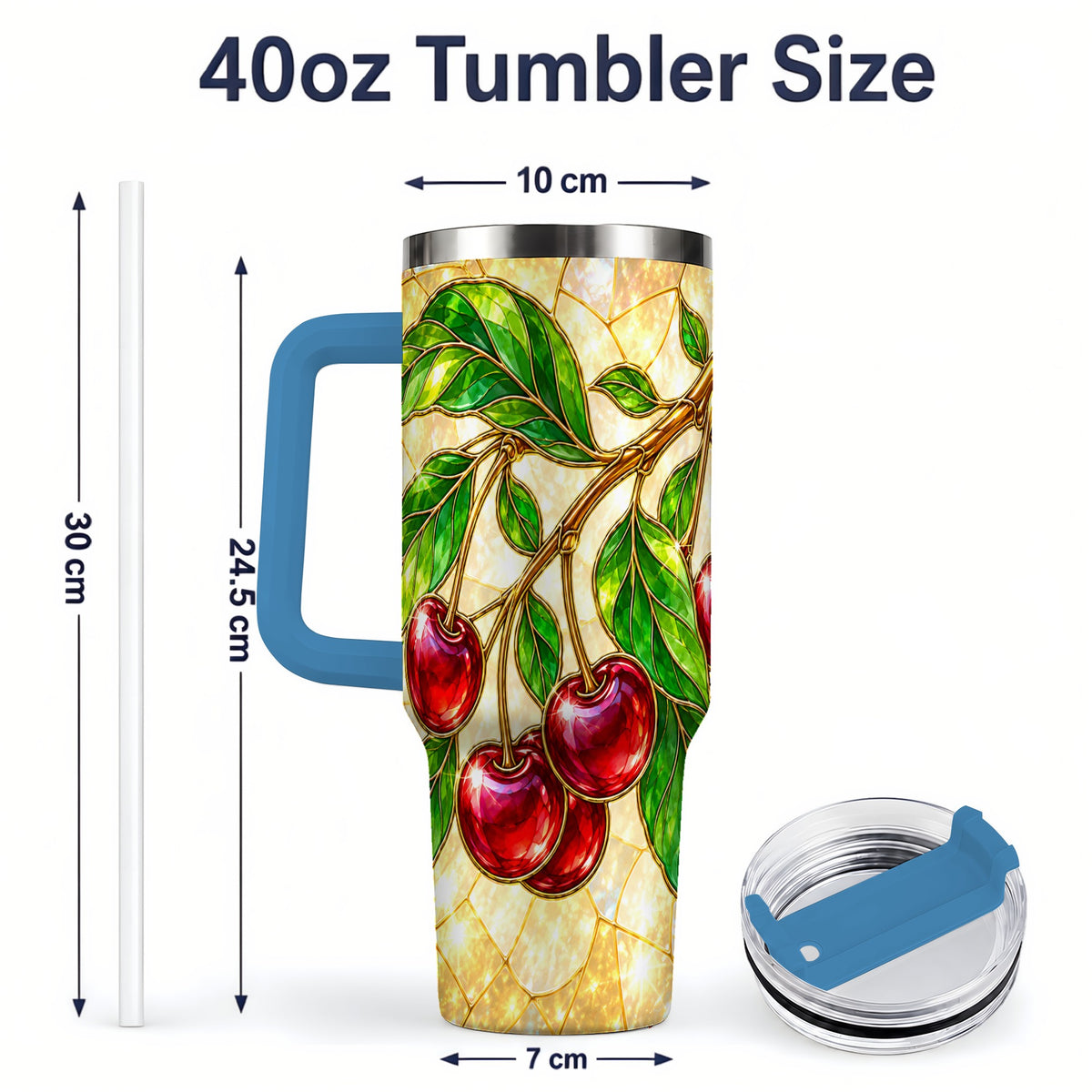 #pl[40oz|Blue] Stained Glass Style Cherry Tumbler, 40oz Tumbler with Leaf Artwork