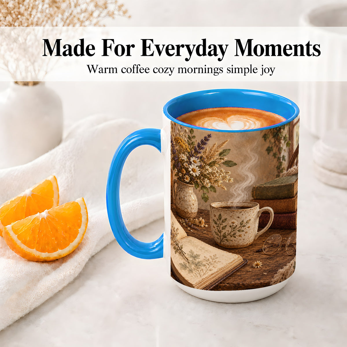 #pl[15oz|Blue] Cozy Reading Floral Ceramic Mug for Book Lovers