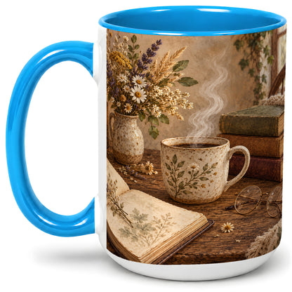 #pl[15oz|Blue] Cozy Reading Floral Ceramic Mug for Book Lovers