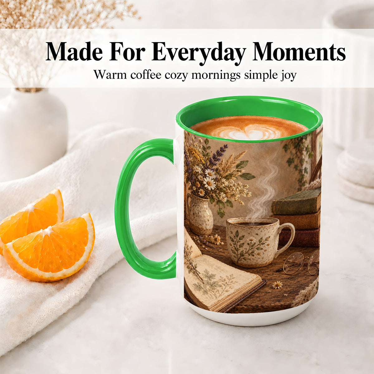 #pl[15oz|Green] Cozy Reading Floral Ceramic Mug for Book Lovers