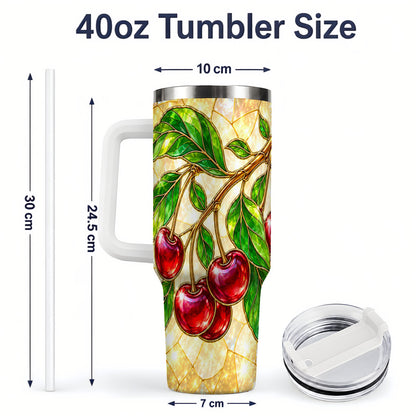 #pl[40oz|White] Stained Glass Style Cherry Tumbler, 40oz Tumbler with Leaf Artwork