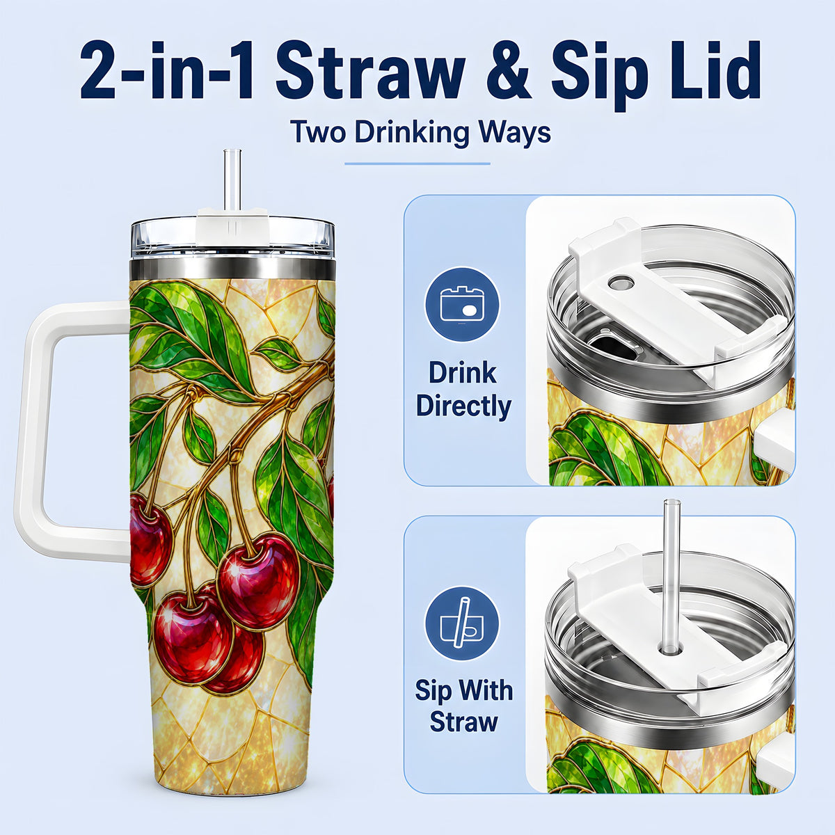 #pl[40oz|White] Stained Glass Style Cherry Tumbler, 40oz Tumbler with Leaf Artwork