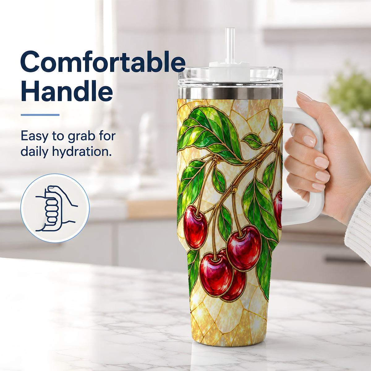 #pl[40oz|White] Stained Glass Style Cherry Tumbler, 40oz Tumbler with Leaf Artwork