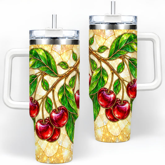 Stained Glass Style Cherry Tumbler, 40oz Tumbler with Leaf Artwork