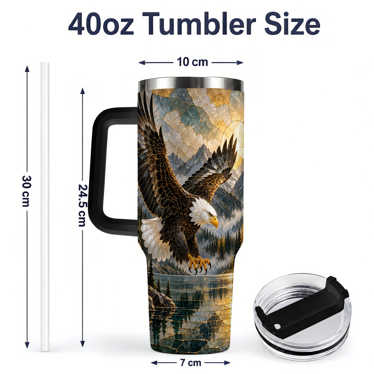 #pl[40oz|Black] Bald Eagle Tumbler, 40oz Stainless Steel Tumbler with Forest Lake Art