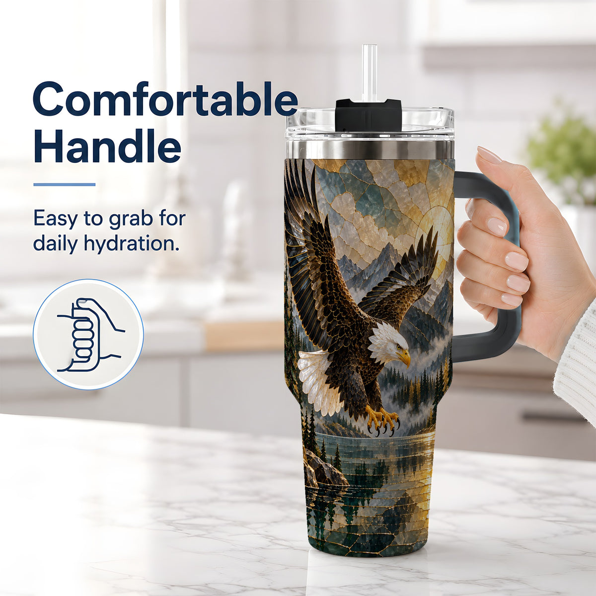 #pl[40oz|Black] Bald Eagle Tumbler, 40oz Stainless Steel Tumbler with Forest Lake Art