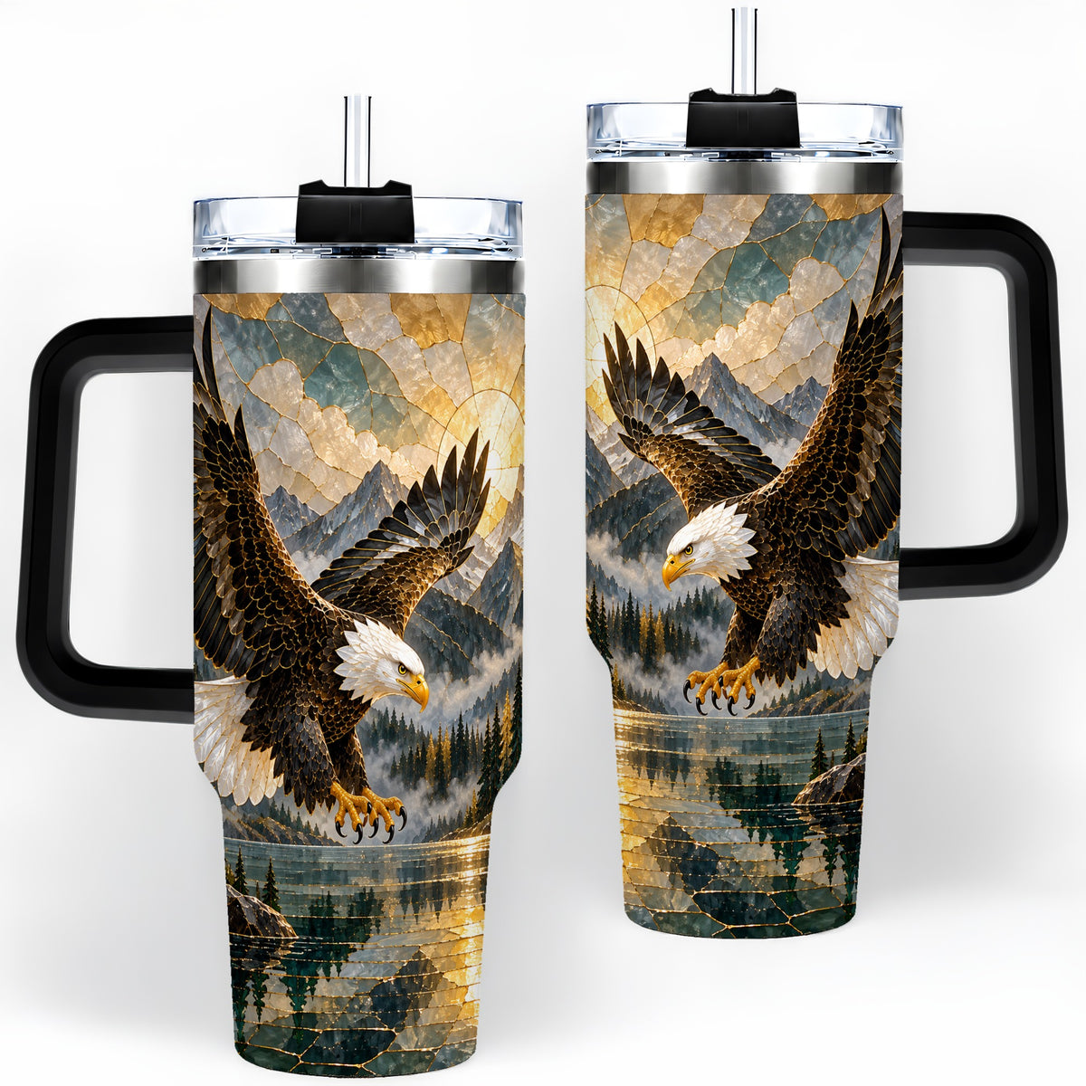 #pl[40oz|Black] Bald Eagle Tumbler, 40oz Stainless Steel Tumbler with Forest Lake Art
