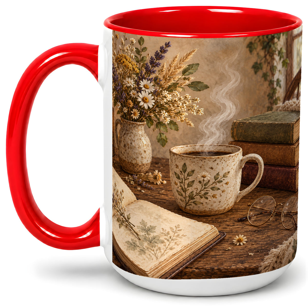 #pl[15oz|Red] Cozy Reading Floral Ceramic Mug for Book Lovers