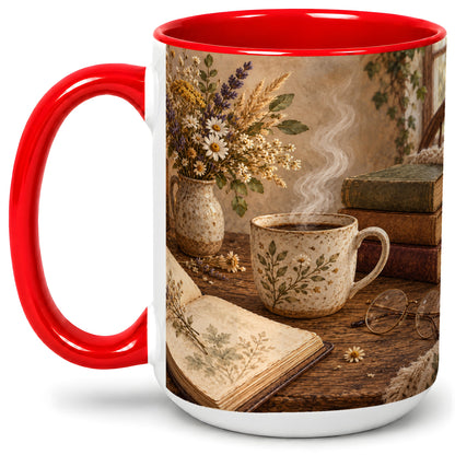 #pl[15oz|Red] Cozy Reading Floral Ceramic Mug for Book Lovers