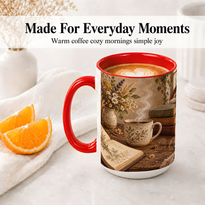 #pl[15oz|Red] Cozy Reading Floral Ceramic Mug for Book Lovers