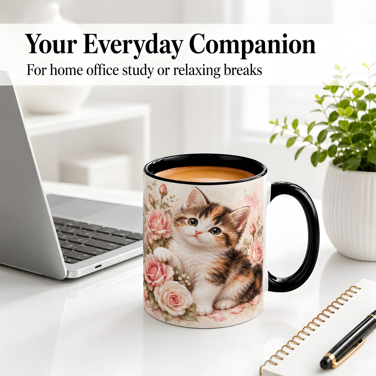 #pl[11oz|Black] Calico Kitten Roses Ceramic Mug for Cat Lovers