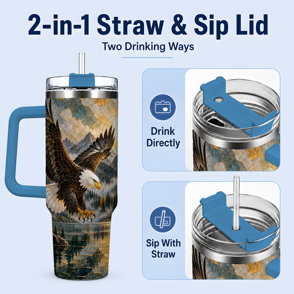 #pl[40oz|Blue] Bald Eagle Tumbler, 40oz Stainless Steel Tumbler with Forest Lake Art