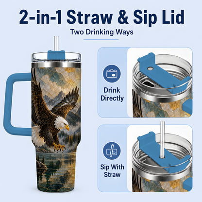 #pl[40oz|Blue] Bald Eagle Tumbler, 40oz Stainless Steel Tumbler with Forest Lake Art