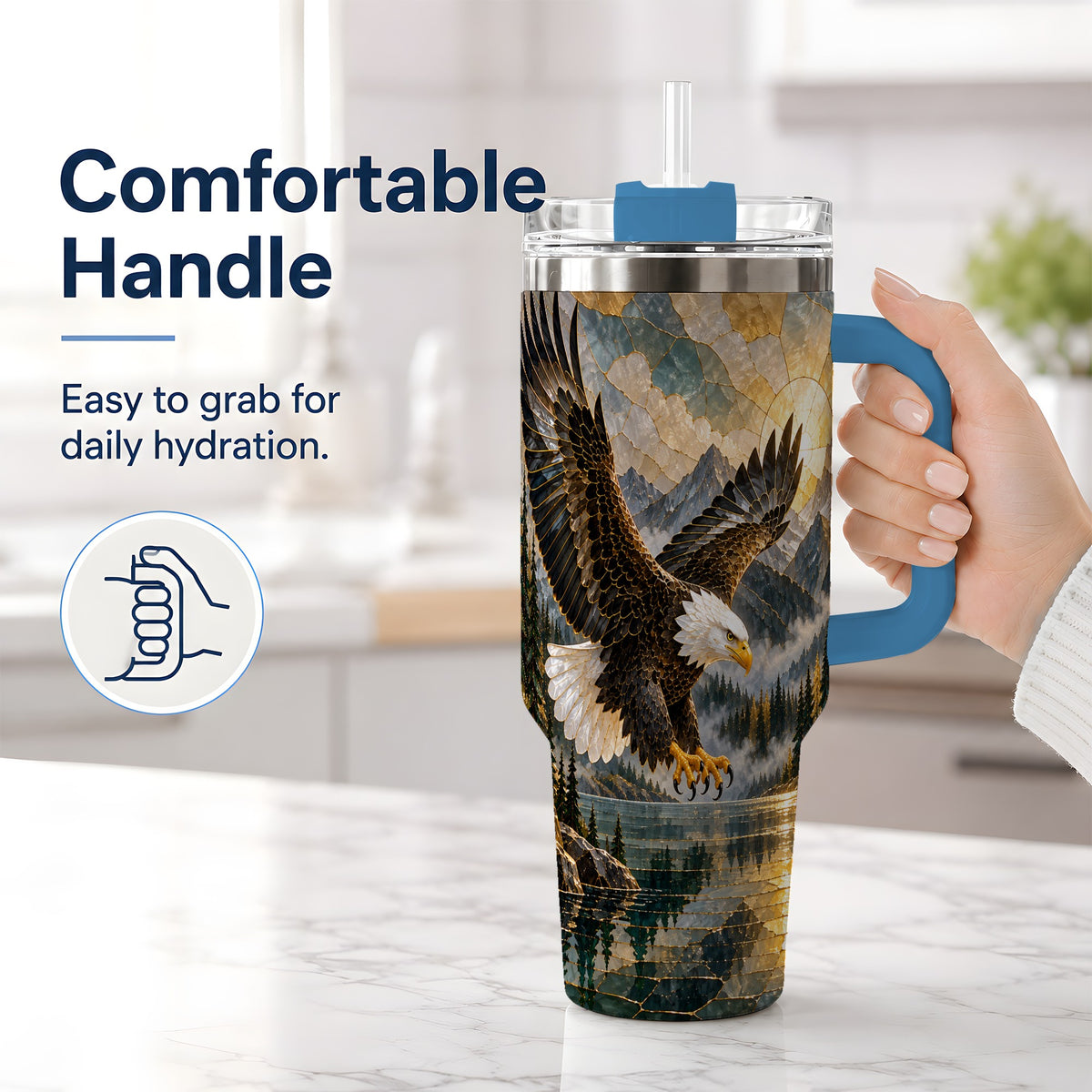#pl[40oz|Blue] Bald Eagle Tumbler, 40oz Stainless Steel Tumbler with Forest Lake Art
