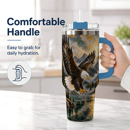 #pl[40oz|Blue] Bald Eagle Tumbler, 40oz Stainless Steel Tumbler with Forest Lake Art