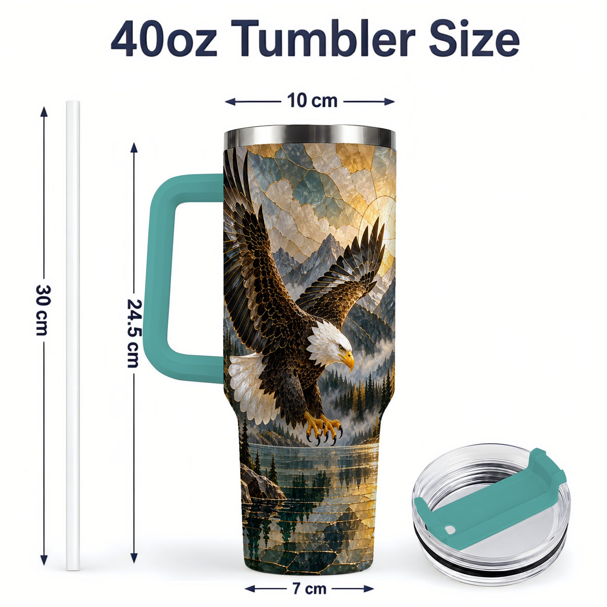 #pl[40oz|Green] Bald Eagle Tumbler, 40oz Stainless Steel Tumbler with Forest Lake Art