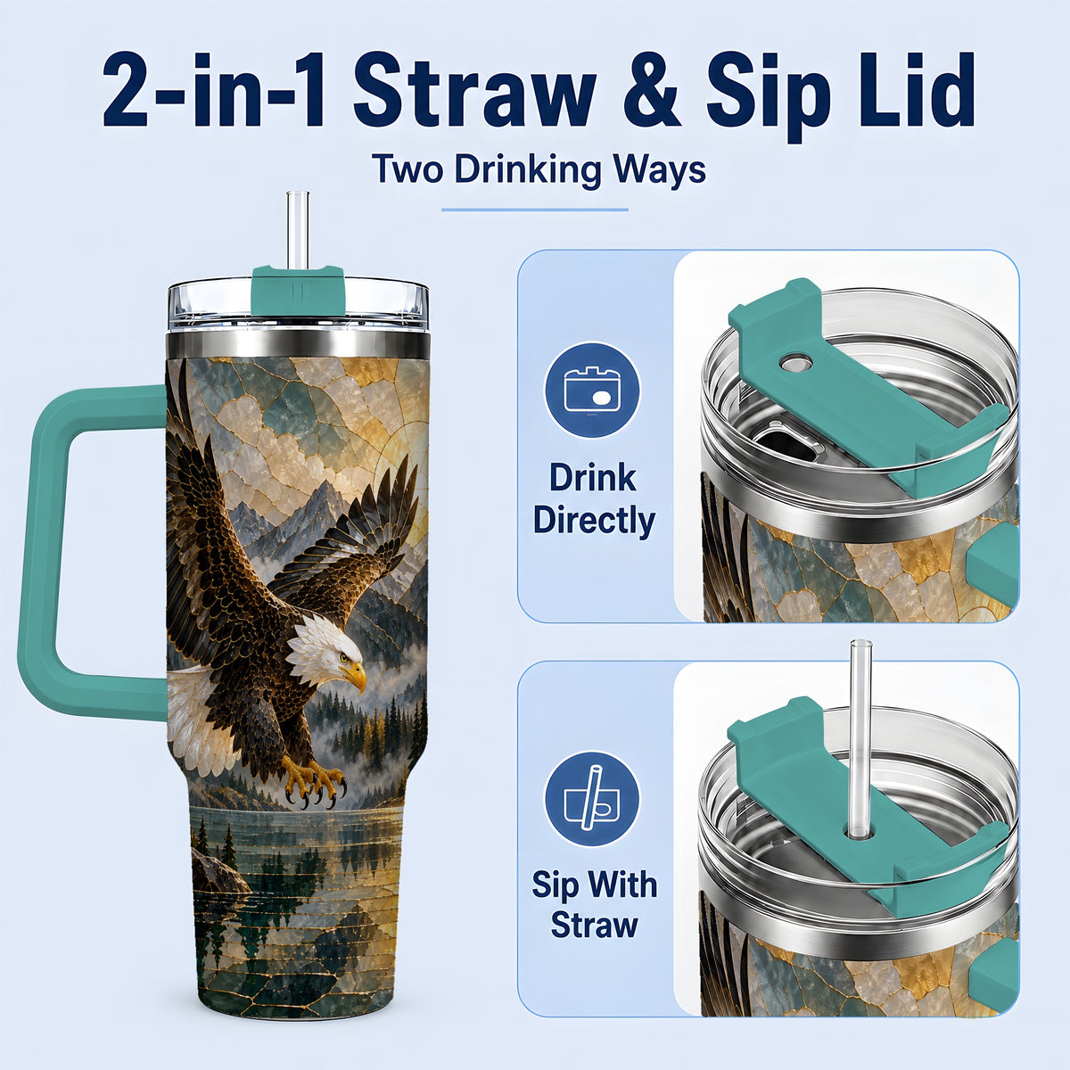 #pl[40oz|Green] Bald Eagle Tumbler, 40oz Stainless Steel Tumbler with Forest Lake Art