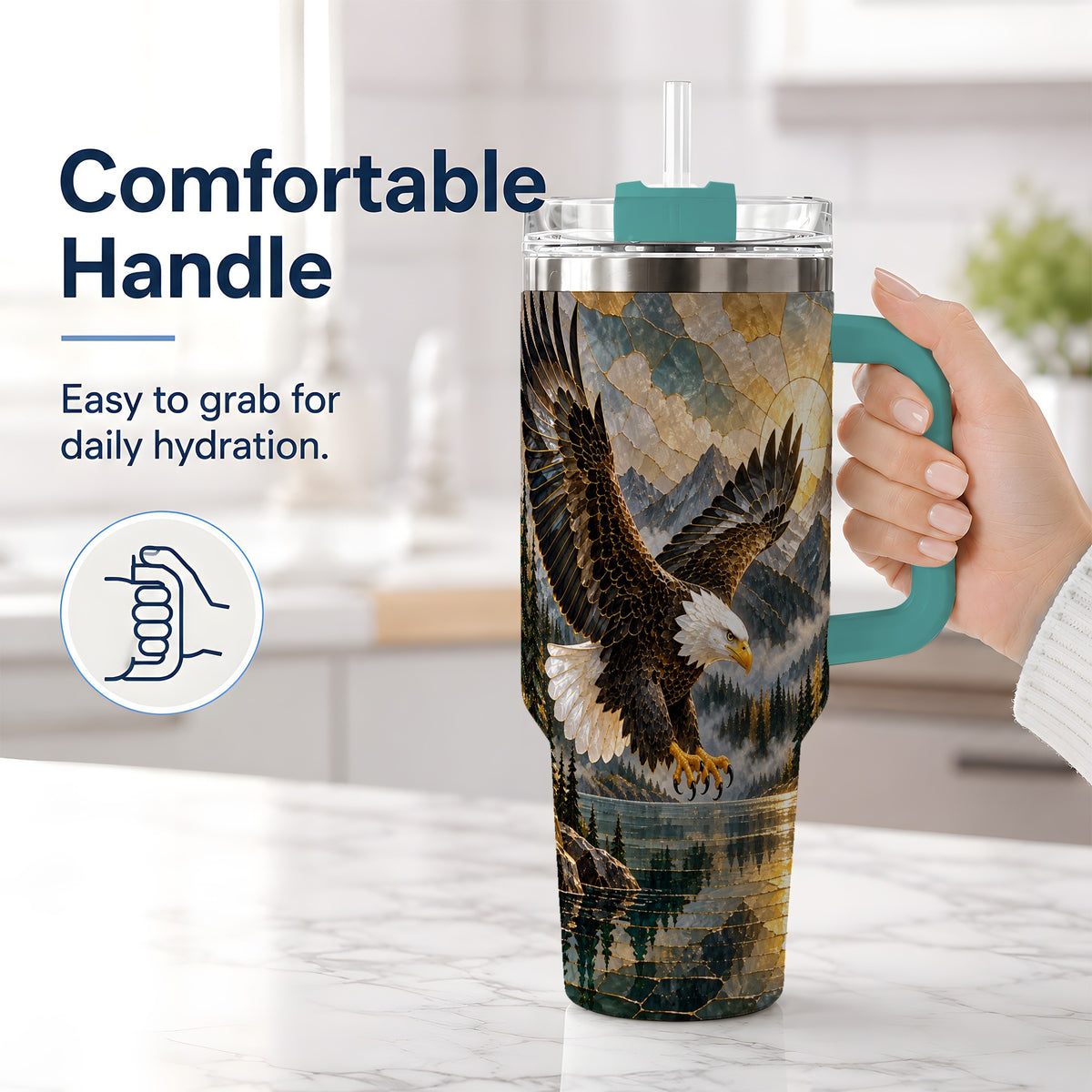 #pl[40oz|Green] Bald Eagle Tumbler, 40oz Stainless Steel Tumbler with Forest Lake Art