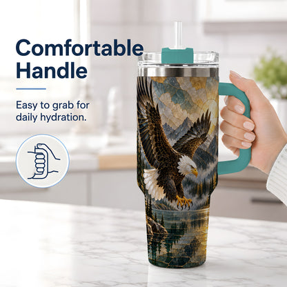 #pl[40oz|Green] Bald Eagle Tumbler, 40oz Stainless Steel Tumbler with Forest Lake Art