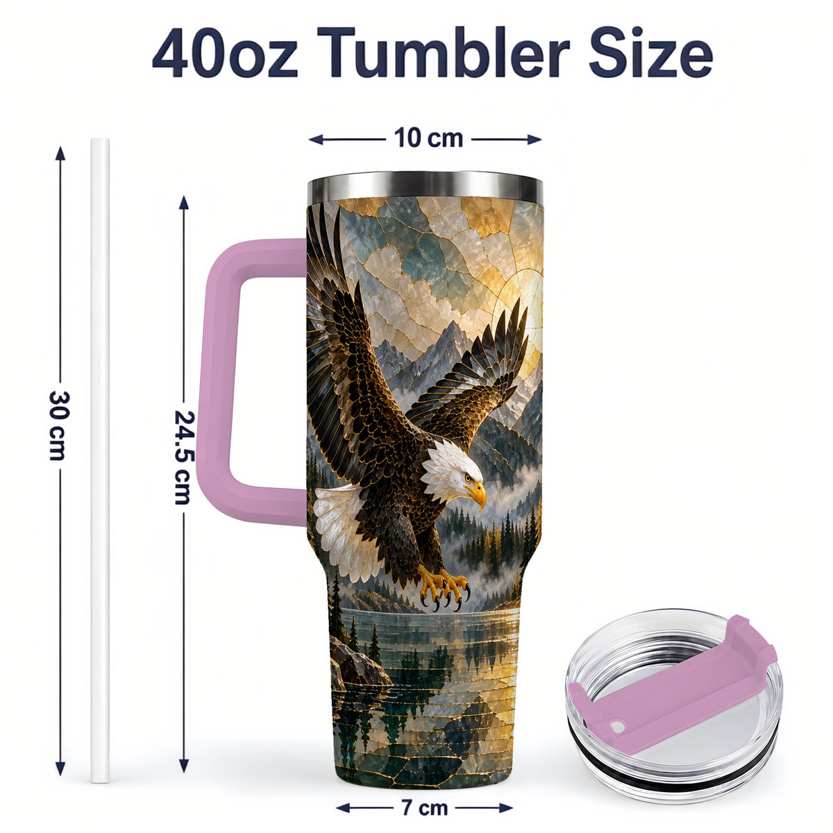 #pl[40oz|Pink] Bald Eagle Tumbler, 40oz Stainless Steel Tumbler with Forest Lake Art