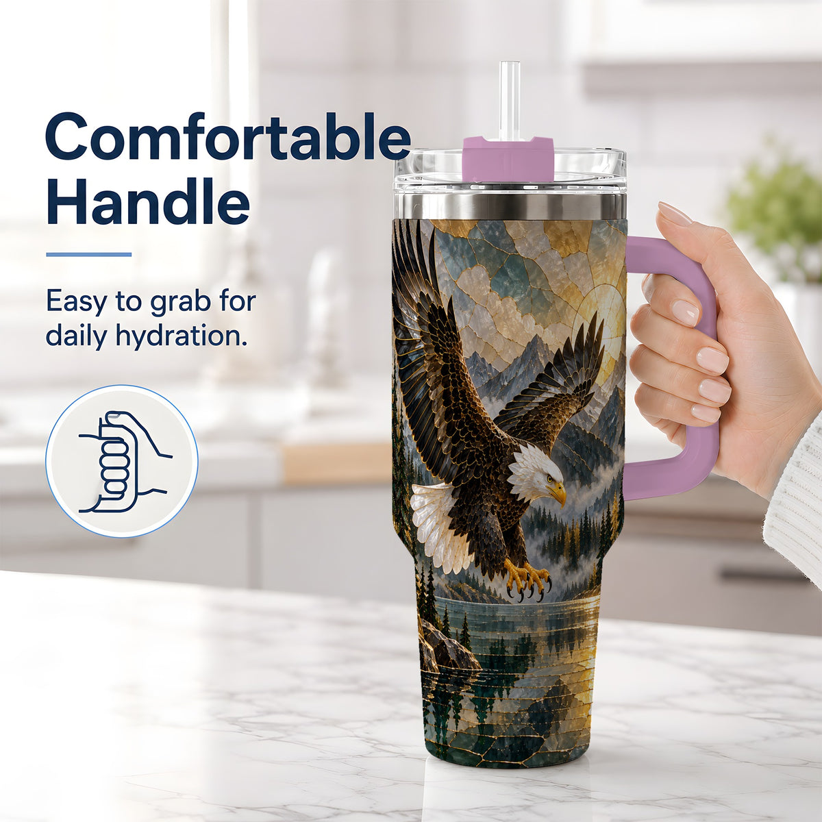 #pl[40oz|Pink] Bald Eagle Tumbler, 40oz Stainless Steel Tumbler with Forest Lake Art