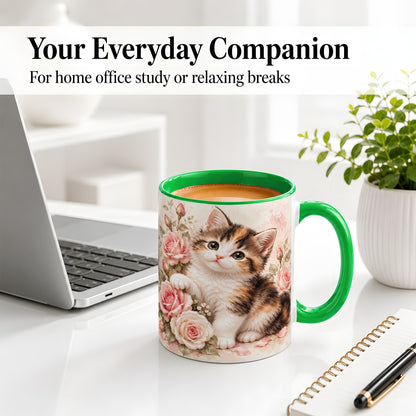 #pl[11oz|Green] Calico Kitten Roses Ceramic Mug for Cat Lovers