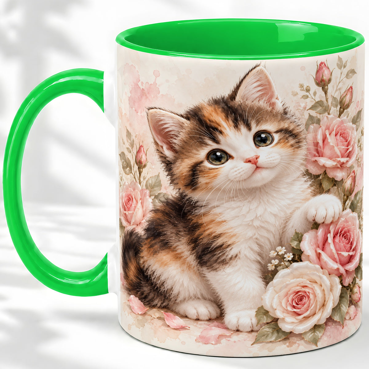 #pl[11oz|Green] Calico Kitten Roses Ceramic Mug for Cat Lovers