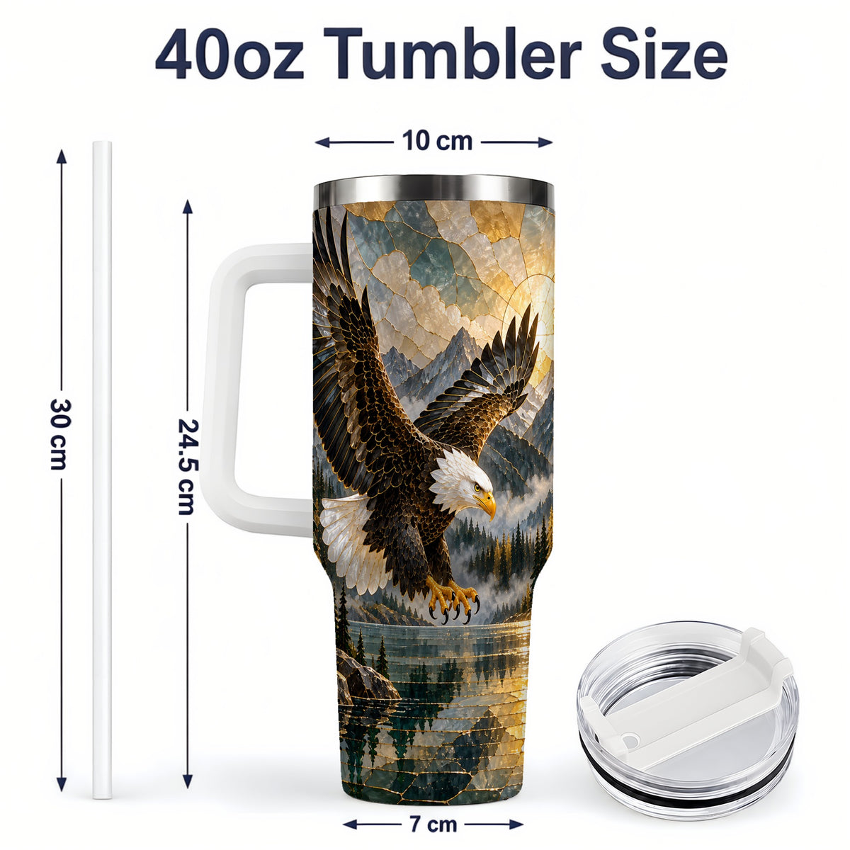 #pl[40oz|White] Bald Eagle Tumbler, 40oz Stainless Steel Tumbler with Forest Lake Art
