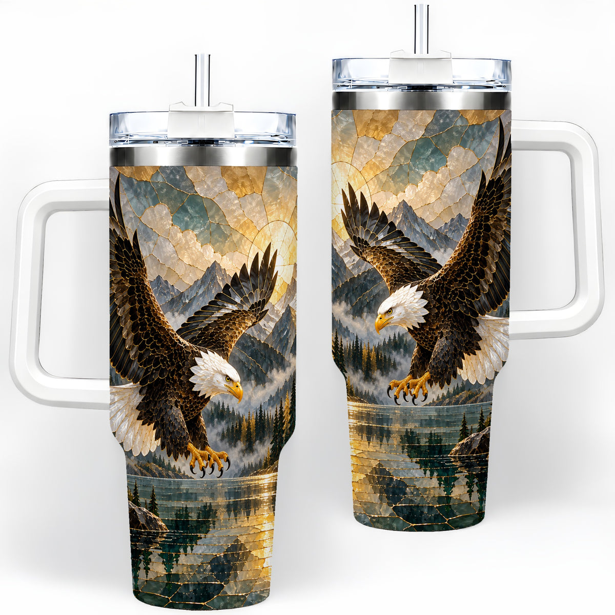 Bald Eagle Tumbler, 40oz Stainless Steel Tumbler with Forest Lake Art