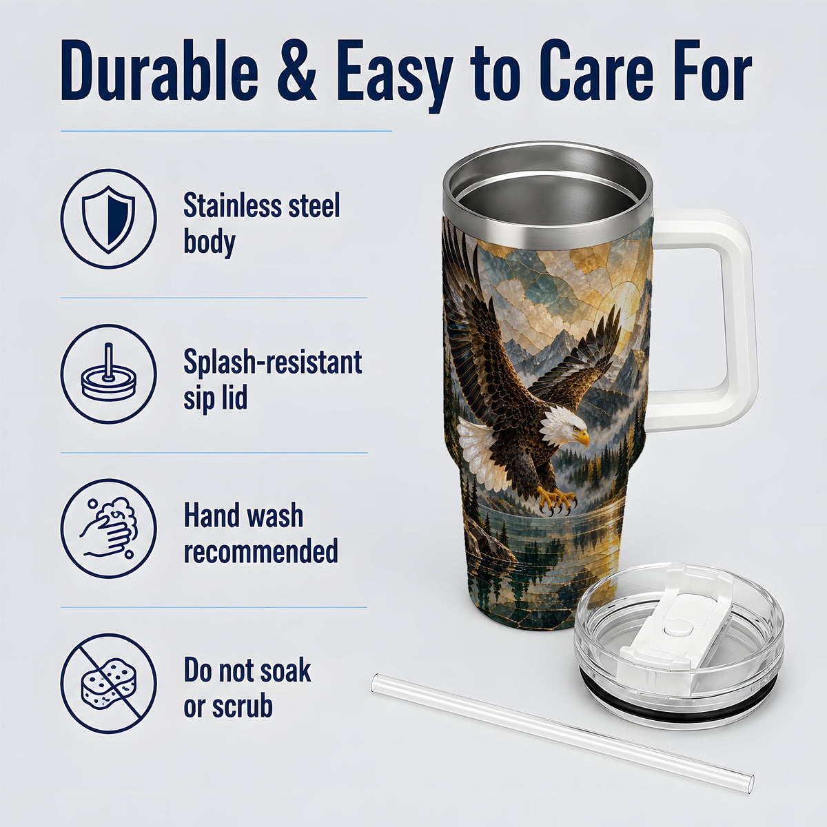 Bald Eagle Tumbler, 40oz Stainless Steel Tumbler with Forest Lake Art
