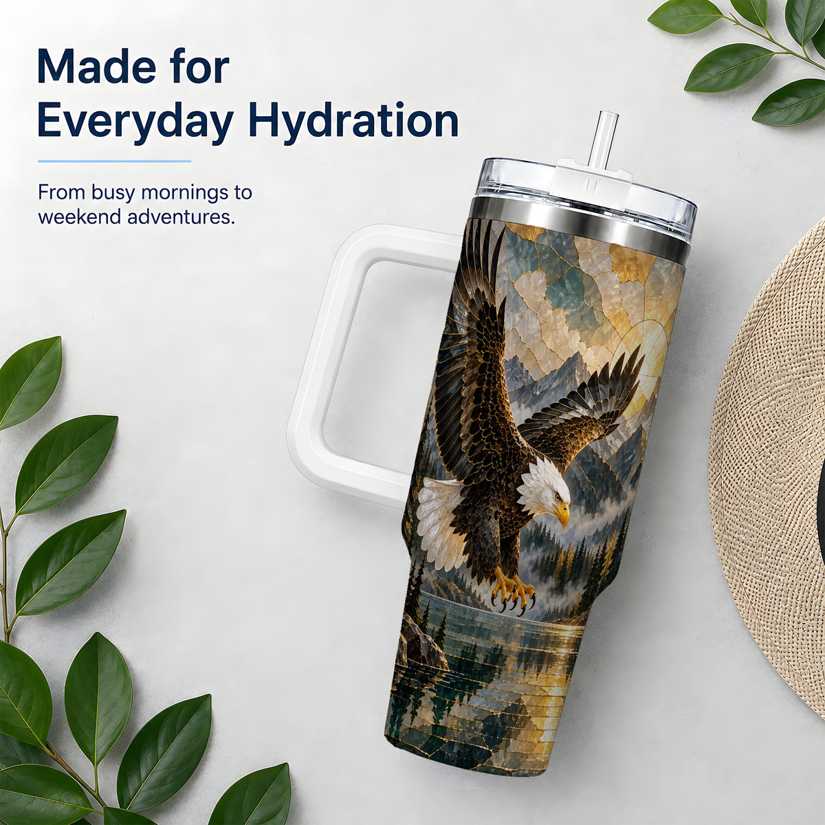 Bald Eagle Tumbler, 40oz Stainless Steel Tumbler with Forest Lake Art