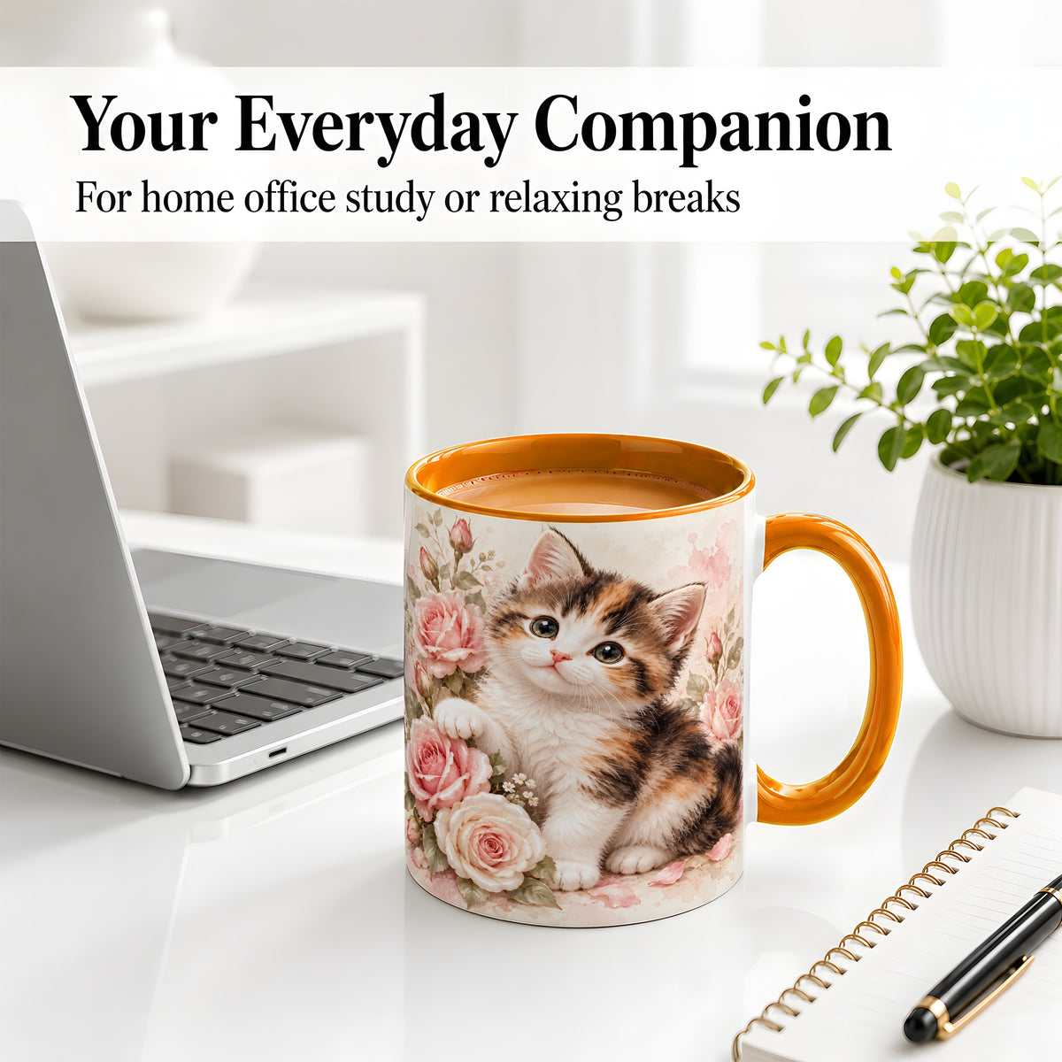 #pl[11oz|Orange] Calico Kitten Roses Ceramic Mug for Cat Lovers