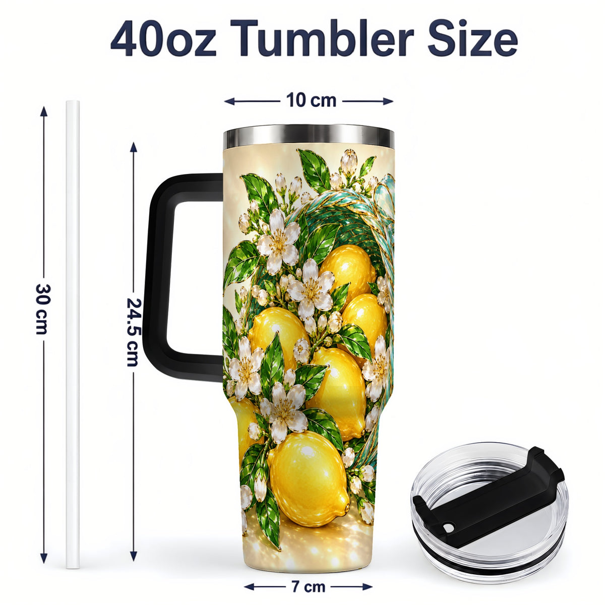 #pl[40oz|Black] Lemon Blossom Tumbler, 40oz Stainless Steel Tumbler with Basket Floral Art