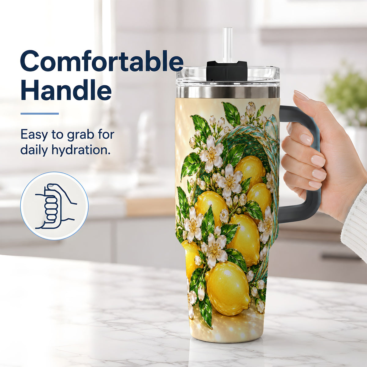 #pl[40oz|Black] Lemon Blossom Tumbler, 40oz Stainless Steel Tumbler with Basket Floral Art