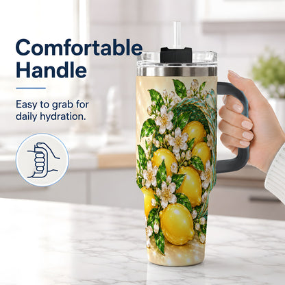 #pl[40oz|Black] Lemon Blossom Tumbler, 40oz Stainless Steel Tumbler with Basket Floral Art
