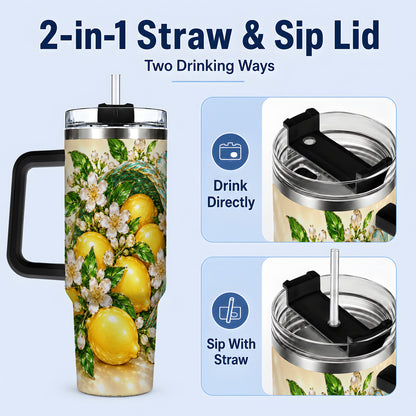 #pl[40oz|Black] Lemon Blossom Tumbler, 40oz Stainless Steel Tumbler with Basket Floral Art