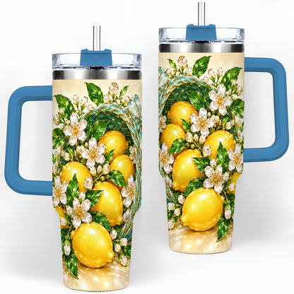 #pl[40oz|Blue] Lemon Blossom Tumbler, 40oz Stainless Steel Tumbler with Basket Floral Art