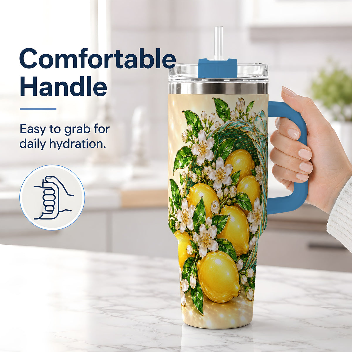 #pl[40oz|Blue] Lemon Blossom Tumbler, 40oz Stainless Steel Tumbler with Basket Floral Art