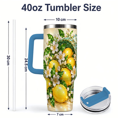 #pl[40oz|Blue] Lemon Blossom Tumbler, 40oz Stainless Steel Tumbler with Basket Floral Art