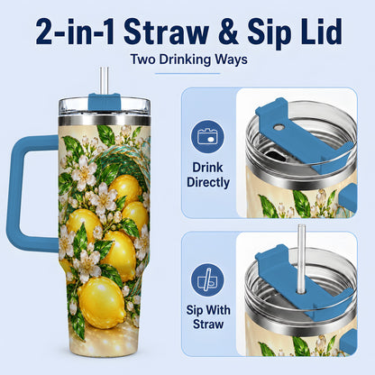 #pl[40oz|Blue] Lemon Blossom Tumbler, 40oz Stainless Steel Tumbler with Basket Floral Art