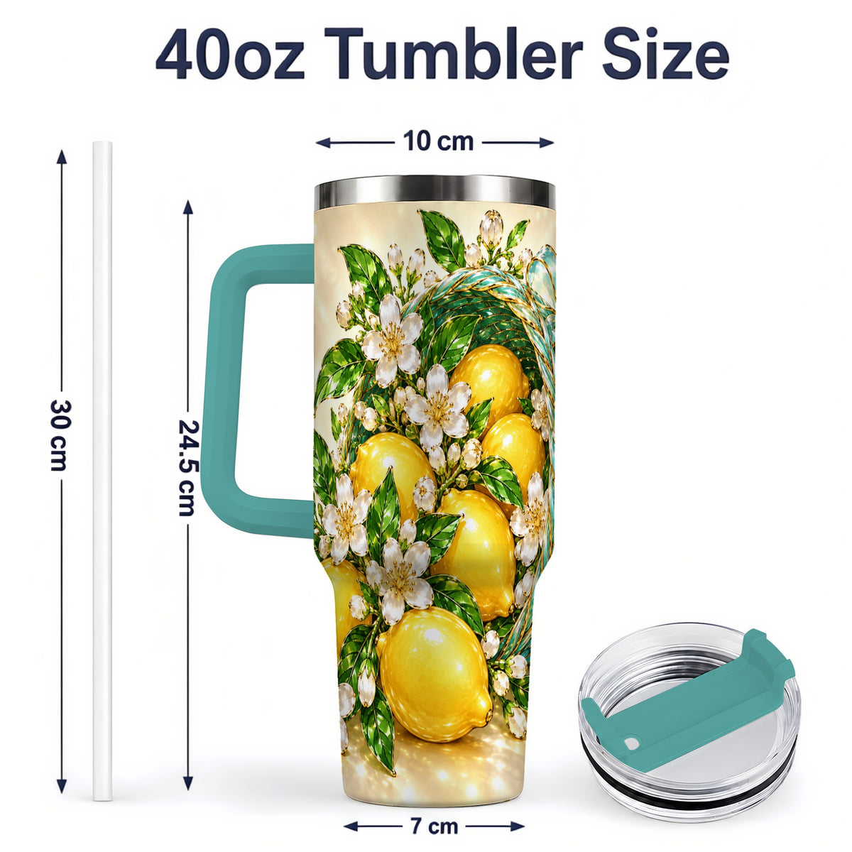 #pl[40oz|Green] Lemon Blossom Tumbler, 40oz Stainless Steel Tumbler with Basket Floral Art