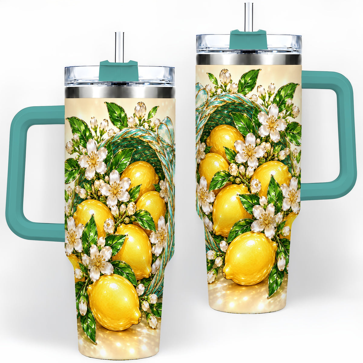#pl[40oz|Green] Lemon Blossom Tumbler, 40oz Stainless Steel Tumbler with Basket Floral Art