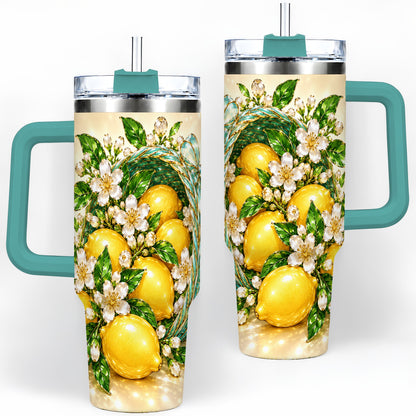 #pl[40oz|Green] Lemon Blossom Tumbler, 40oz Stainless Steel Tumbler with Basket Floral Art