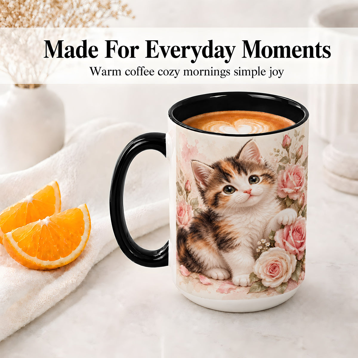 #pl[15oz|Black] Calico Kitten Roses Ceramic Mug for Cat Lovers