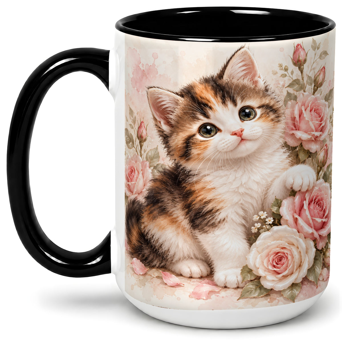 #pl[15oz|Black] Calico Kitten Roses Ceramic Mug for Cat Lovers