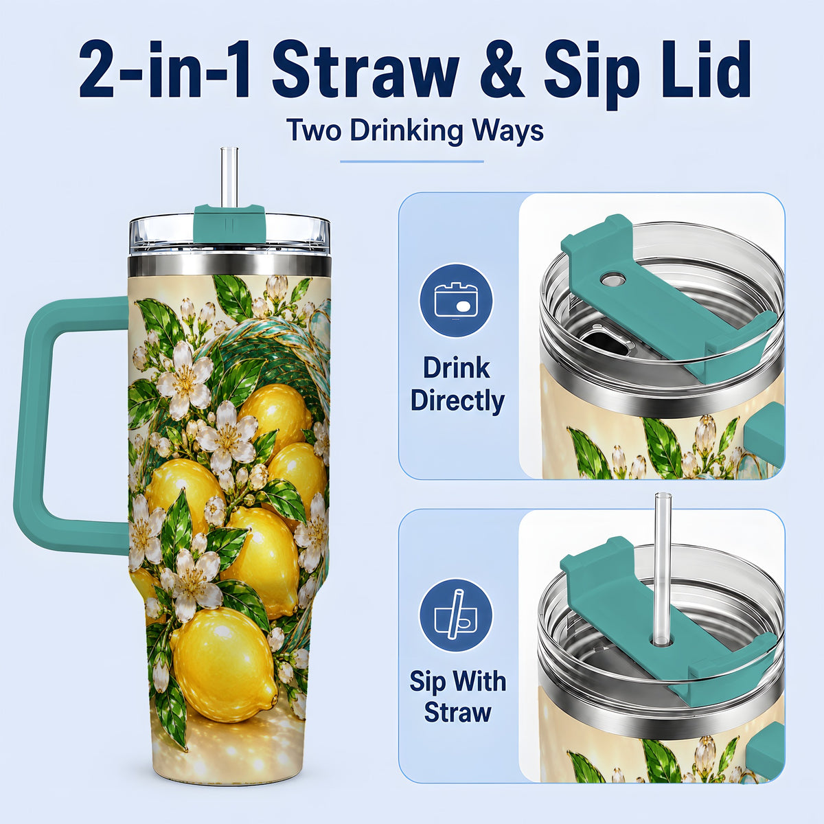 #pl[40oz|Green] Lemon Blossom Tumbler, 40oz Stainless Steel Tumbler with Basket Floral Art